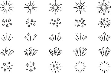 Fireworks doodle icons set featuring hand drawn festive sparks confetti and stars for creative graphic design © MD