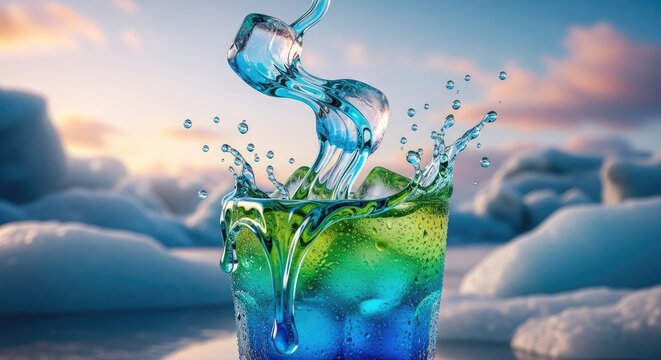 Ice cube splashing into colorful cocktail in arctic landscape