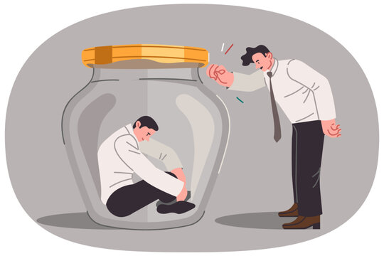 Boss is trying help and support upset man sitting in jar due to alienation from colleagues