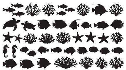 Coral Reef Biodiversity Silhouettes Set Pack, Editable Vector Stroke Illustrations. containing fish, coral, silhouette, ocean, marine, sea, underwater, reef, aquatic and more marine silhouettes © MasterTech