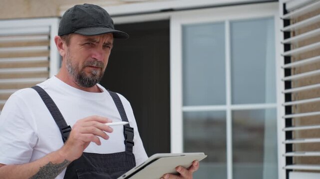 Concentrated male contractor in uniform using digital tablet for house inspection, carefully check building exterior, take notes, and plan renovation work.Professional home maintenance visit