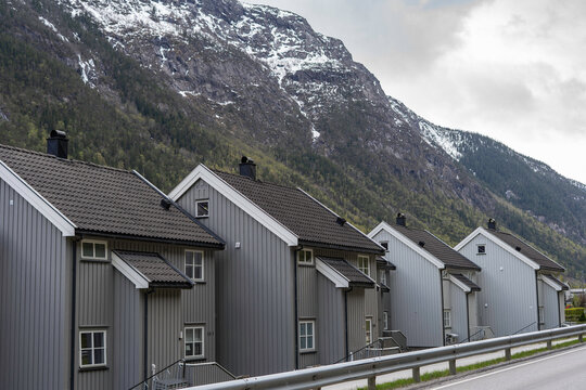 Amazing view of norwegian mountains and traditional wooden houses. Rjukan town in Telemark, Norway