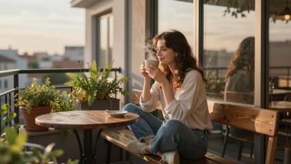 Naklejka premium Woman enjoying hot drink on balcony with potted plants at sunset