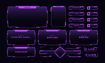 Live stream overlay interface. Game twitch streaming. Futuristic technology, digital live video panels, button, border, banner, icon. Online streamer screen. Vector concept © Foxy Fox