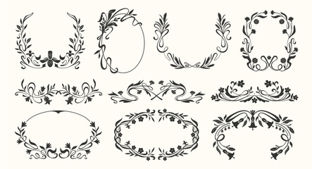Fototapeta premium Silhouettes floral frame. Art Nouveau flower border. Retro ornamental decorative botanical frames, wreaths with branches, flowers, leaves for invitation. Vector set