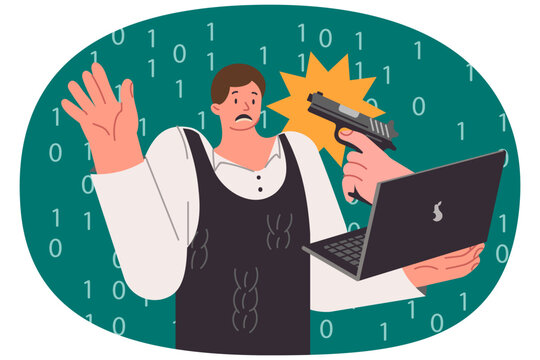 Internet extortionist hand with gun protrudes from laptop and threatens frightened man