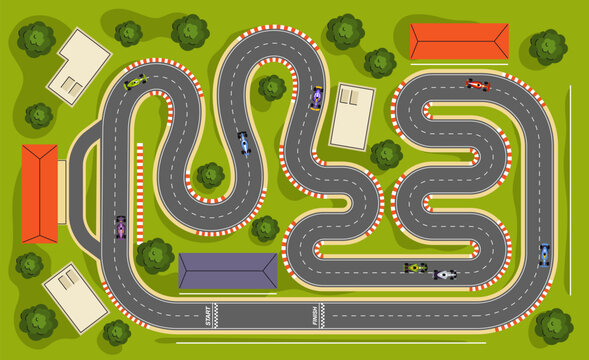 Race road with sports car. Racing track top view. Cartoon asphalt curved road view of birds eye with racing speed vehicle. Formula one rally scene. Vector finish line and start concept