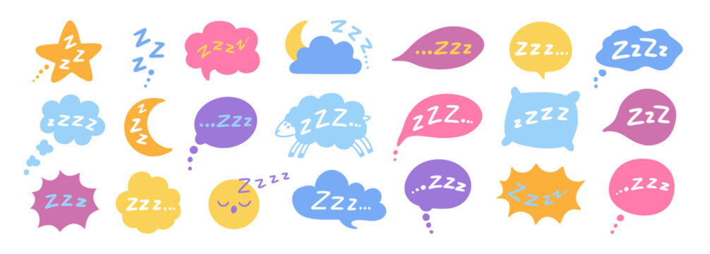 Doodle Zzz sleep. Night snore symbols. Hand drawn comic color sleepy elements, pillow, sheep, moon, cloud. Line dream, snore, nap in bubble speech. Vector set
