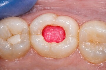 Fototapeta premium Close-up shot of a tooth being brushed with a toothbrush