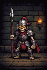 Fototapeta premium Pixel art skeleton warrior in full armor holding a spear in dungeon