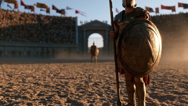 Ancient Spartan warrior holding shield and spear standing on colosseum arena. Gladiator ready for battle in sand stadium. Historical roman empire combat concept