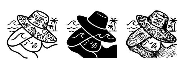 Set of Summer Beach Girl Icons with Sun Hat, Palm Trees, Ocean Waves and Aloha Vibes Only Typography © Maksym cvc