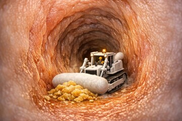 Fototapeta premium A close-up view of a toy bulldozer sitting in a tunnel, suitable for illustrations or graphics