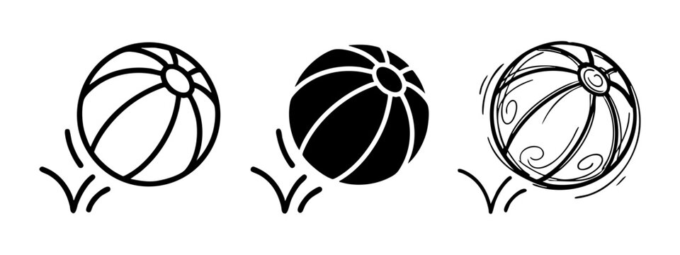 Set of Bouncing Beach Ball Icons in Different Styles: Outline, Solid, and Doodle Vector Illustration