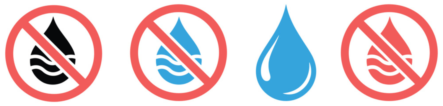 No water drop prohibited symbol collection with red circle slash icons for forbidden moisture warnings, protection notices, and safety vector illustration use.