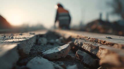 Fototapeta premium Damaged Construction Site with Broken Boundary and Worker in Scene
