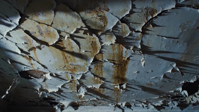 A close-up of a worn, peeling painted surface with cracks and rust stains, evoking a sense of neglect and decay.
