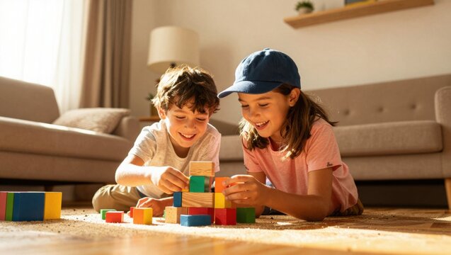 Children playing with wooden blocks on living room floor