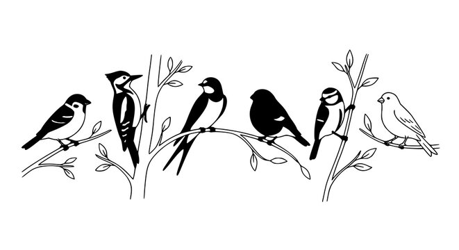 Hand drawn birds on branches outline vector with minimalist wildlife flat illustration set
