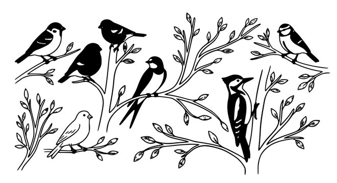 Creative minimalist bird collection with hand drawn wildlife and branch vector illustration