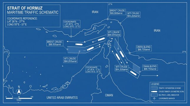 Opened ingredientTechnical Blueprint Schematic of the Strait of Hormuz Maritime Traffic and Oil Prices