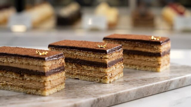 Delicious French Opera Cake Slices with Gold Leaf Decoration on Marble Surface.