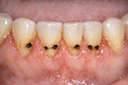 Close-up shot of a person's mouth showing a missing tooth