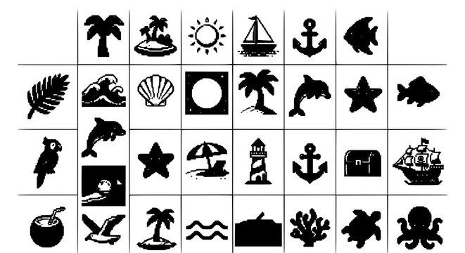 Tropical island pixel art elements set with ocean palm trees waves and beach icons vector design