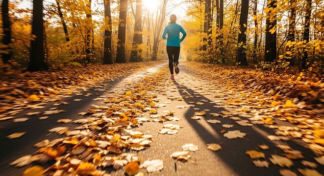 Autumn forest jogging path with golden leaves, healthy lifestyle runner exercising outdoors, seasonal fitness activity in nature sunlight morning atmosphere
