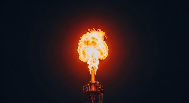 Eine helle, lodernde Gasfackel brennt in der tiefen Nacht und erhellt den dunklen Himmel mit einem intensiven, orangefarbenen Glanz am Turm, background, resources, chemistry