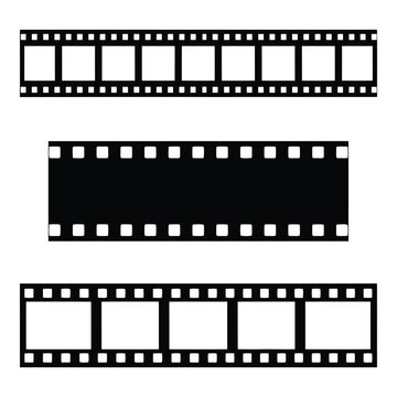Film strips isolated on white background, black and white film negatives, photography icons