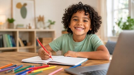 Fototapeta premium Cheerful young boy with curly dark hair sits at a desk writing in a notebook while studying with colorful pencils and a laptop.