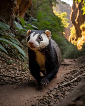 A steel toned javan ferret  genetic hybrid experiment fantasy animal, fictional species in an ancient canyon