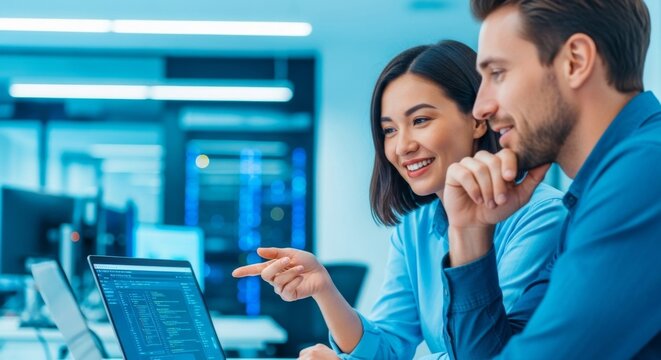 Asian female and caucasian male young adults collaborating on computer code in modern office