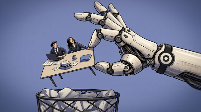 Robotic hand throwing office workers and desk into trash bin, concept of ai automation replacing human jobs
