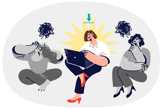 Woman with leadership qualities works with laptop, sitting with two unlucky colleagues