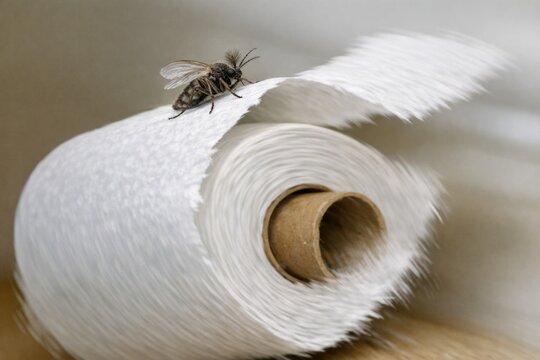 A fly sits on top of a roll of toilet paper