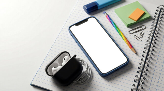Smartphone with blank screen, wireless earbuds, and stationery on a spiral notebook mockup for mobile app design