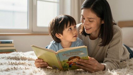 Obraz premium Mother reading storybook to child on bed in bright bedroom
