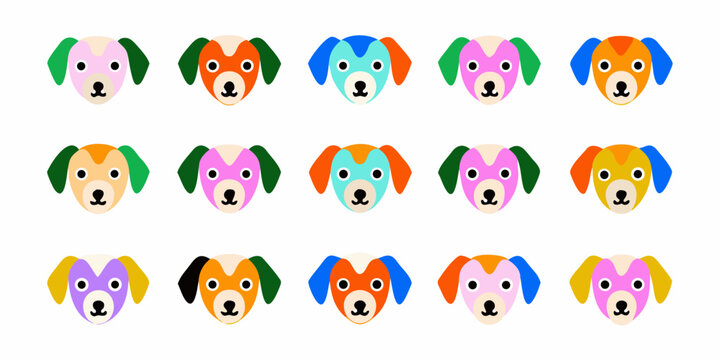 stylized dog faces collection colorful vector illustration on white background