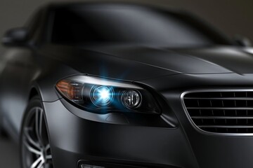 Fototapeta premium Black sedan gleams under studio lighting