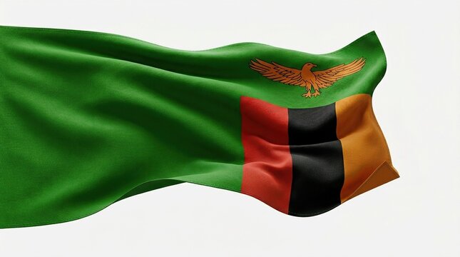 Waving flag of zambia, a country in southern africa, featuring a green field with a soaring orange african fish eagle above a block of vertical stripes