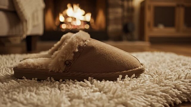 Cozy Slipper Resting on Soft Rug Beside Warm Fireplace in Living Room