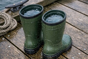 Naklejka premium A pair of green rain boots resting on a wooden dock, perfect for use in outdoor or weather-themed illustrations