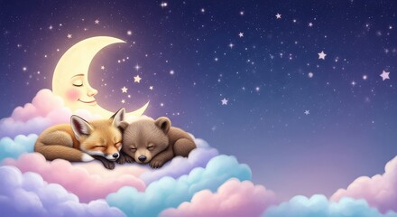 Obraz premium Tierno zorro y oso duermen plácidamente sobre nubes suaves bajo una luna sonriente en un cielo estrellado mágico con gran espacio para texto, celestial, moon, gentle
