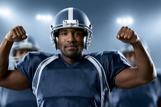 Muscular athlete flexes arms in helmeted stance