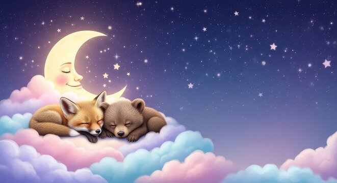Tierno zorro y oso duermen pl&aacute;cidamente sobre nubes suaves bajo una luna sonriente en un cielo estrellado m&aacute;gico con gran espacio para texto, celestial, moon, gentle