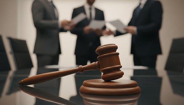 Law and order gavel in focus with blurred attorneys in background