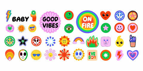 retro sticker collection with colorful designs and playful typography © MituRani