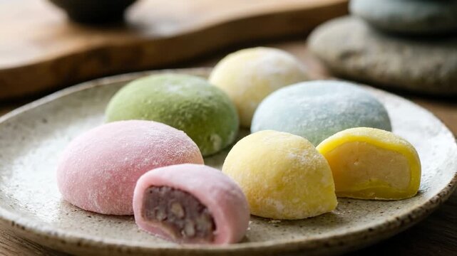 Assorted colorful mochi desserts served on a plate.